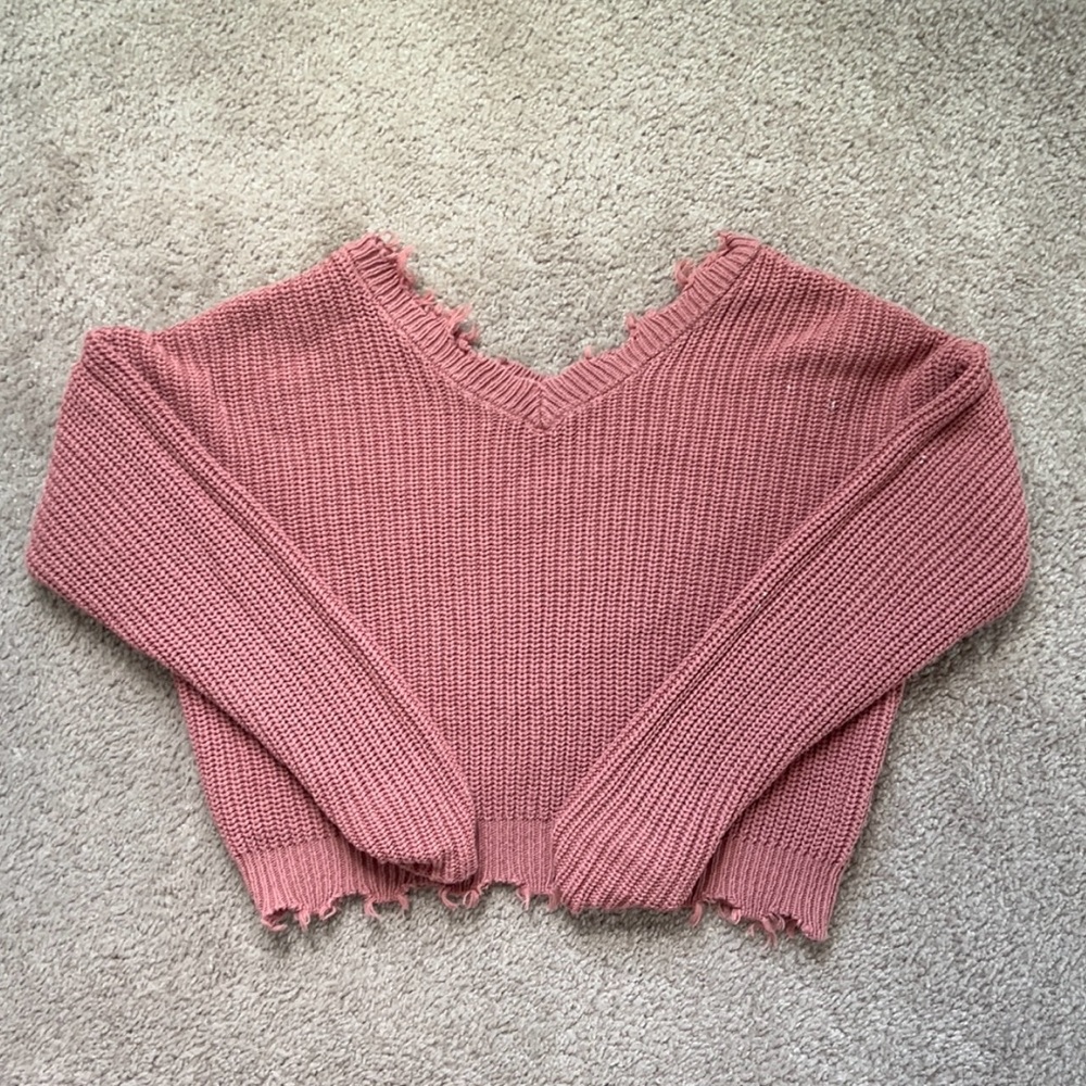 Jessica Simpson V-Neck Sweater Womens Pink Knit Crop Top Long Sleeve Size XS